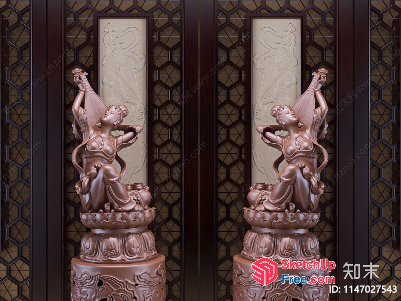 Two Ornate Bronze Statues Of A Woman With A Harp 3D SketchUp File
