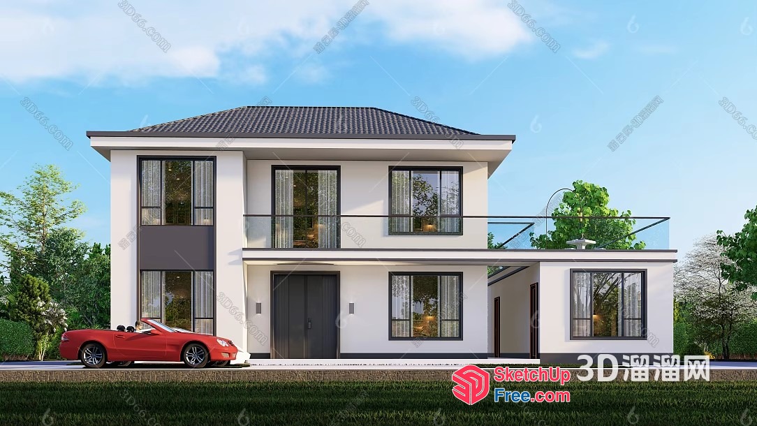 Modern Two-Story Home With Car Parked In Front 3D SketchUp File