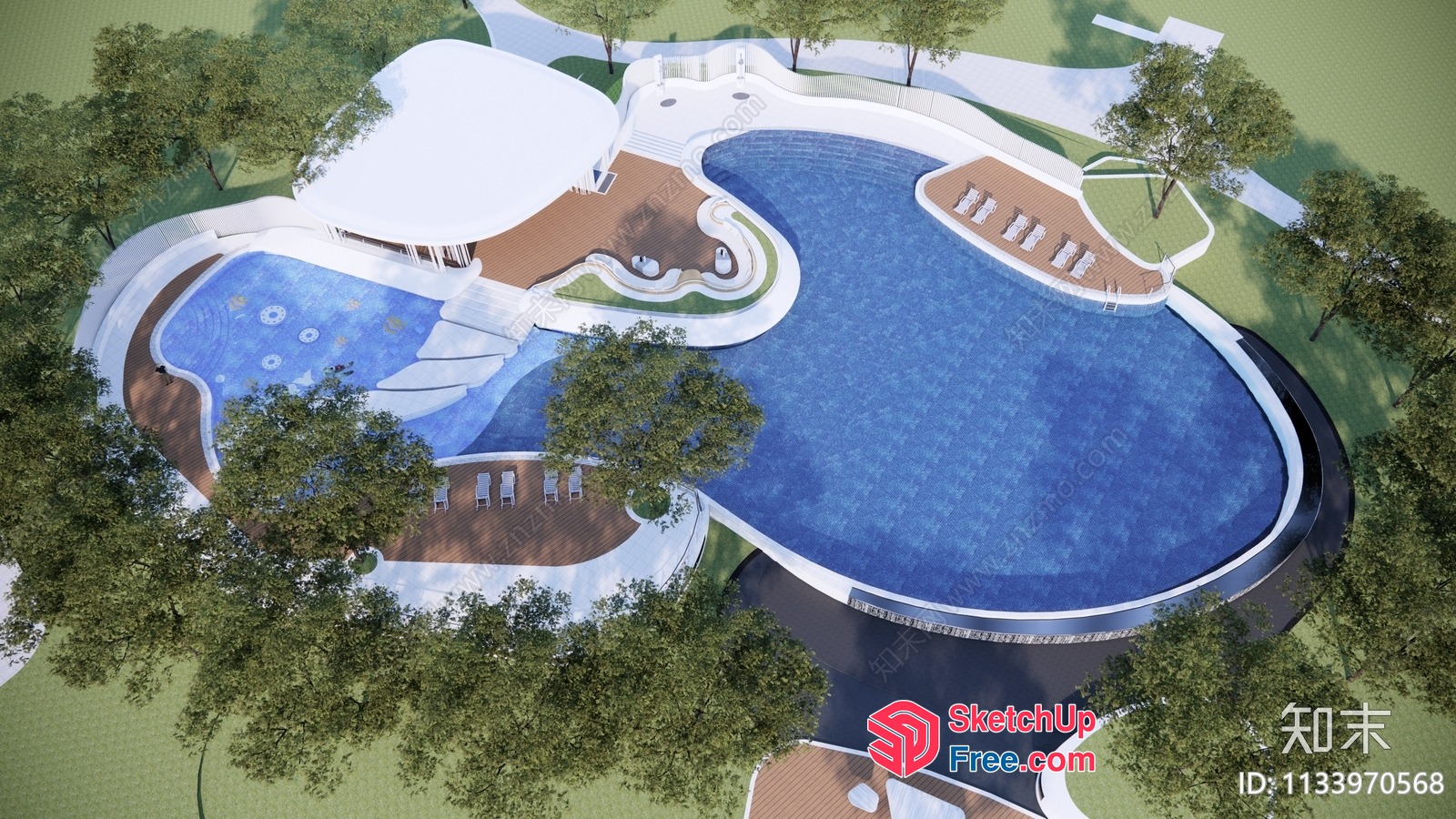 Aerial View Of A Luxurious Swimming Pool And Outdoor Lounge Area 3D SketchUp File