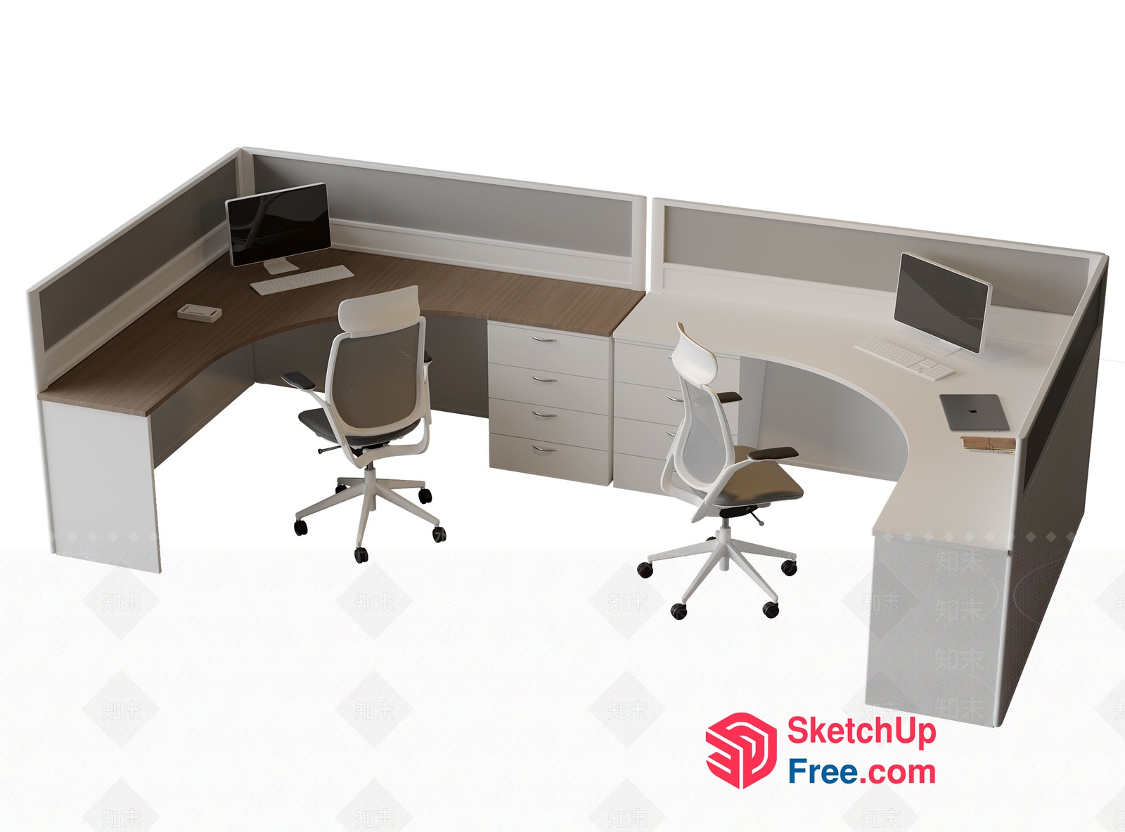 Modern Office Space With Curved Desks And White Furniture 3D SketchUp File
