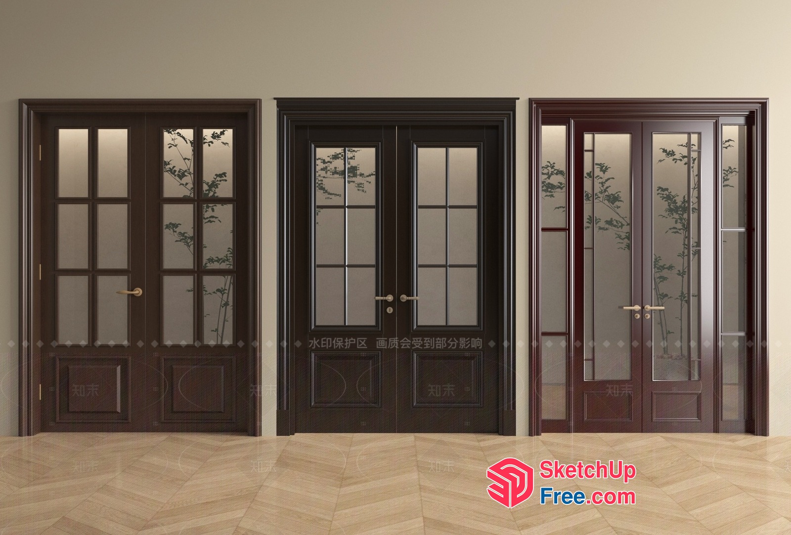 Elegant French-Style Doors With Frosted Glass And Brass Hardware 3D SketchUp File
