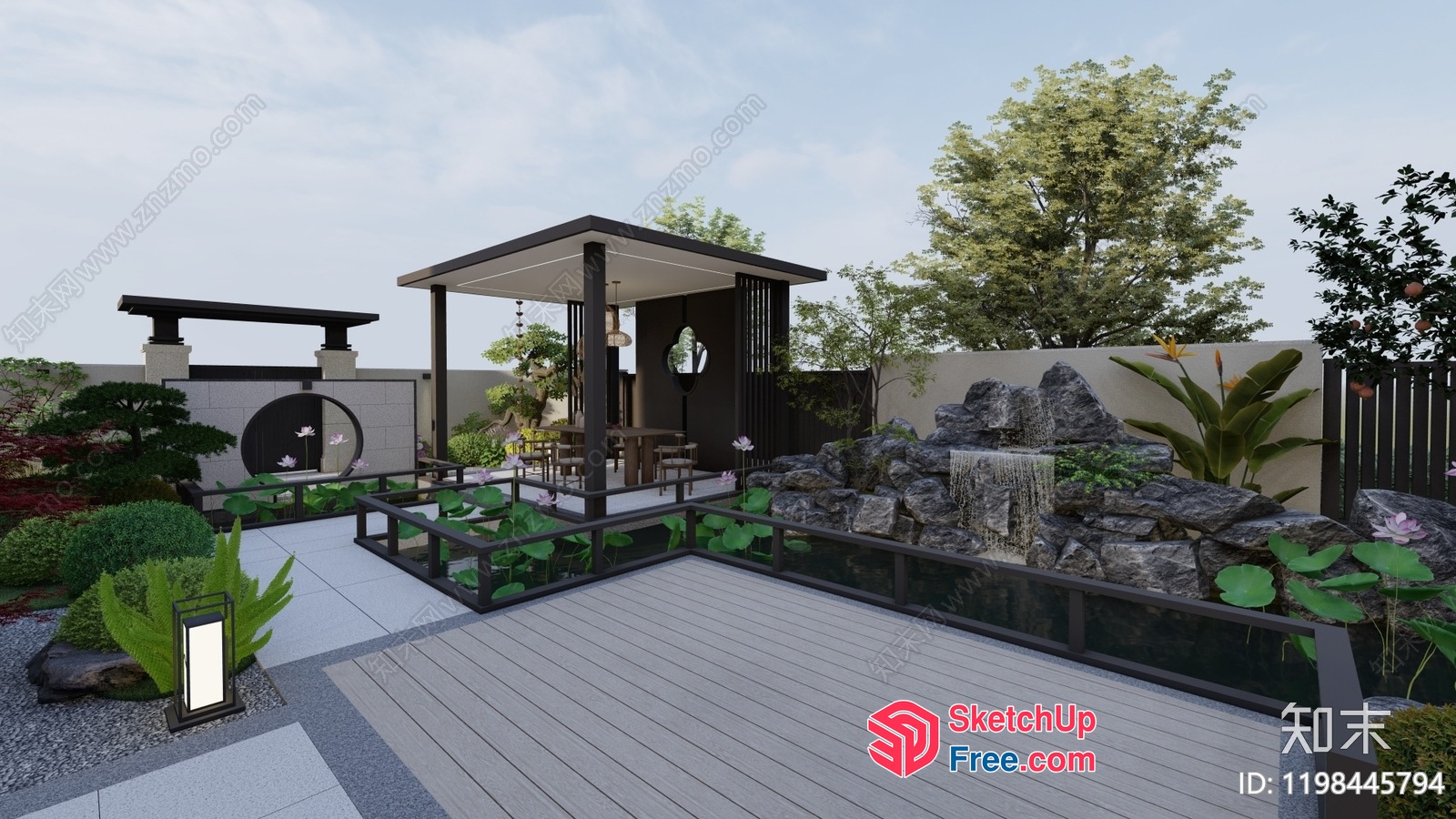 Asian-Inspired Outdoor Living Space With Water Feature 3D SketchUp File