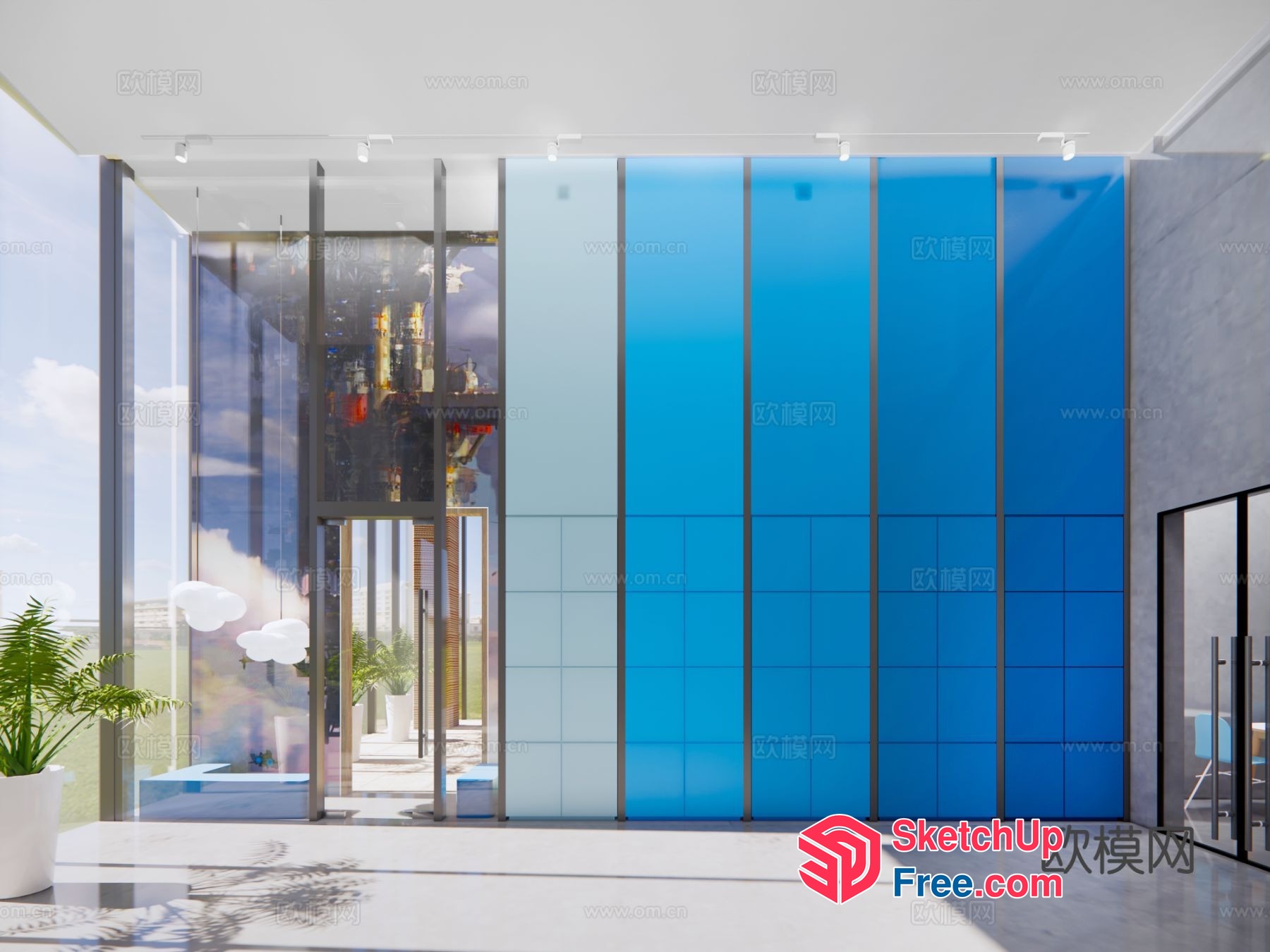 Modern Glass Curtain Wall With Elevator And Stairs 3D SketchUp File