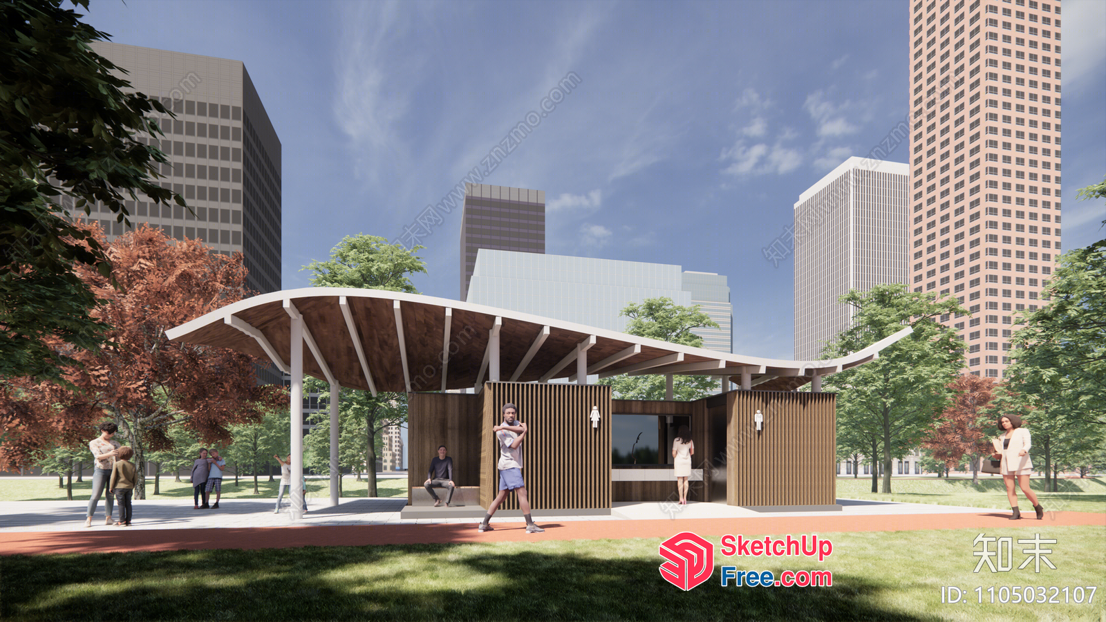 Modern Public Restroom With Unique Roof Design And Natural Surroundings 3D SketchUp File