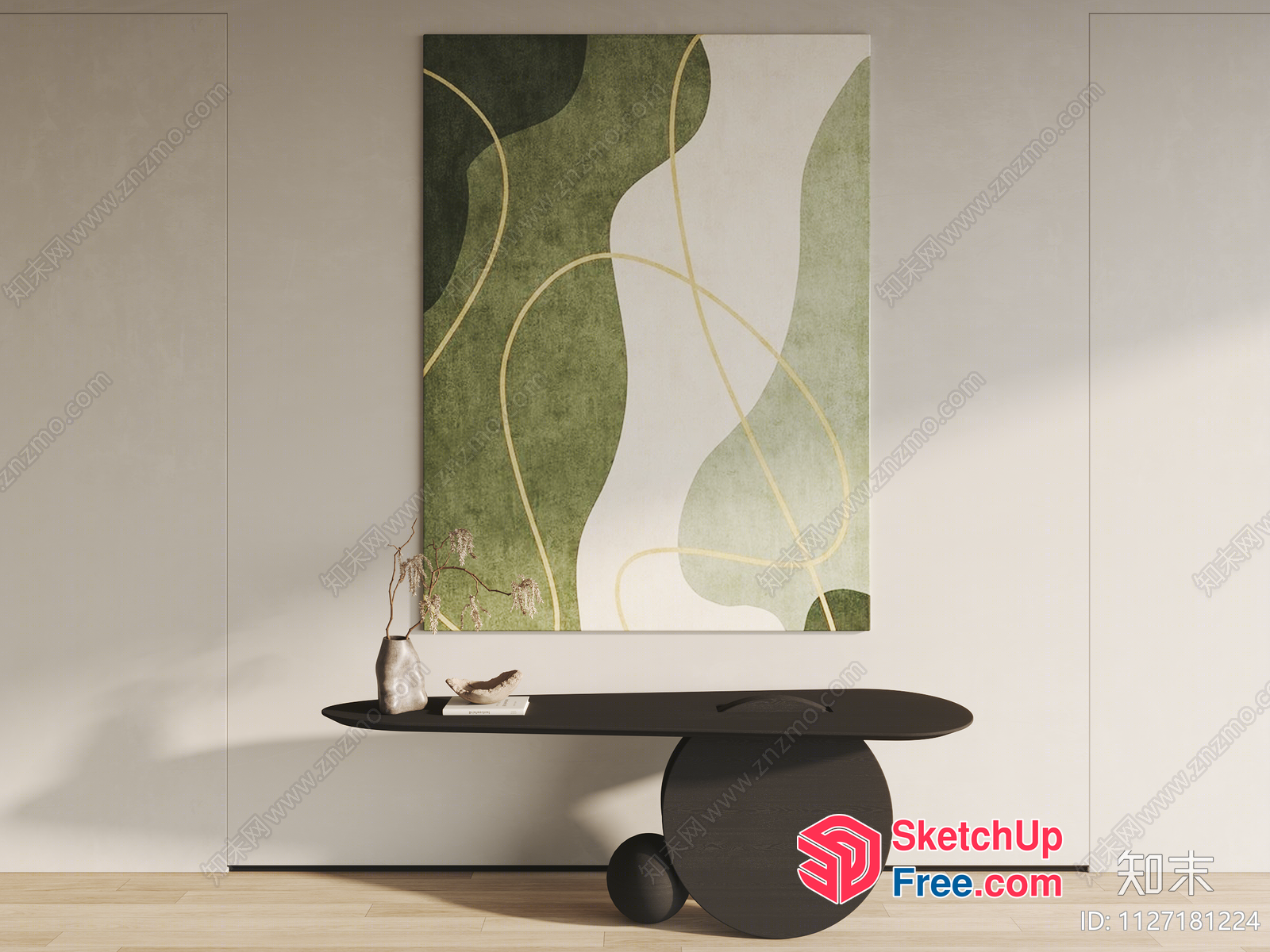 Minimalist Japanese Style Interior With Green Abstract Art 3D SketchUp File
