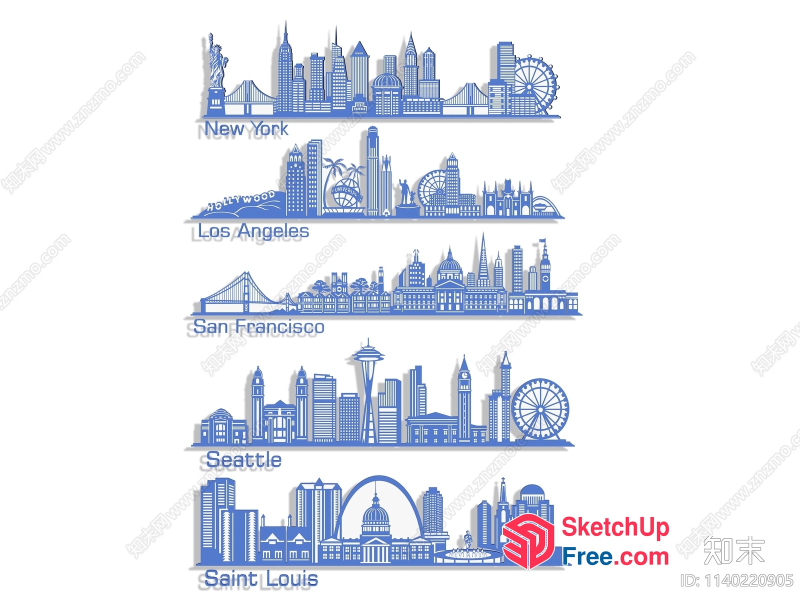 Blue Line Art Of Famous Cities In The Usa 3D SketchUp File