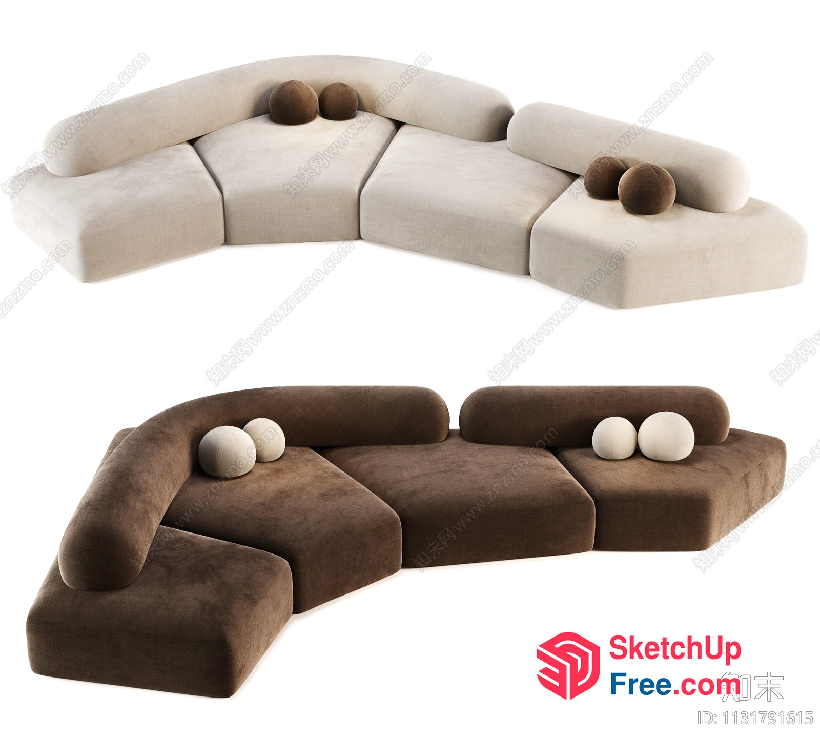 Modern L-Shaped Sofa Set With Brown And Cream Upholstery 3D SketchUp File