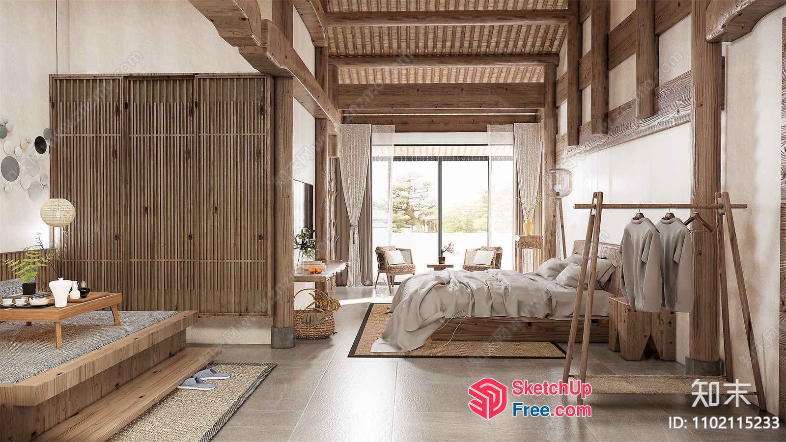 Japanese-Inspired Minimalist Bedroom With Natural Materials 3D SketchUp File