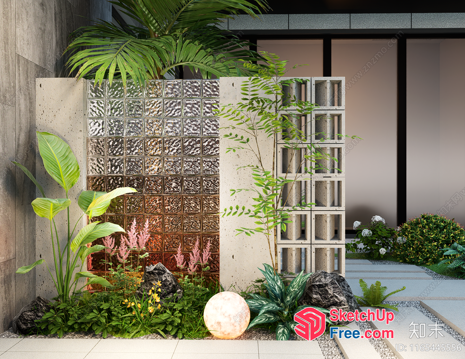 Glass Brick Wall With Tropical Plants And Decorative Objects 3D SketchUp File