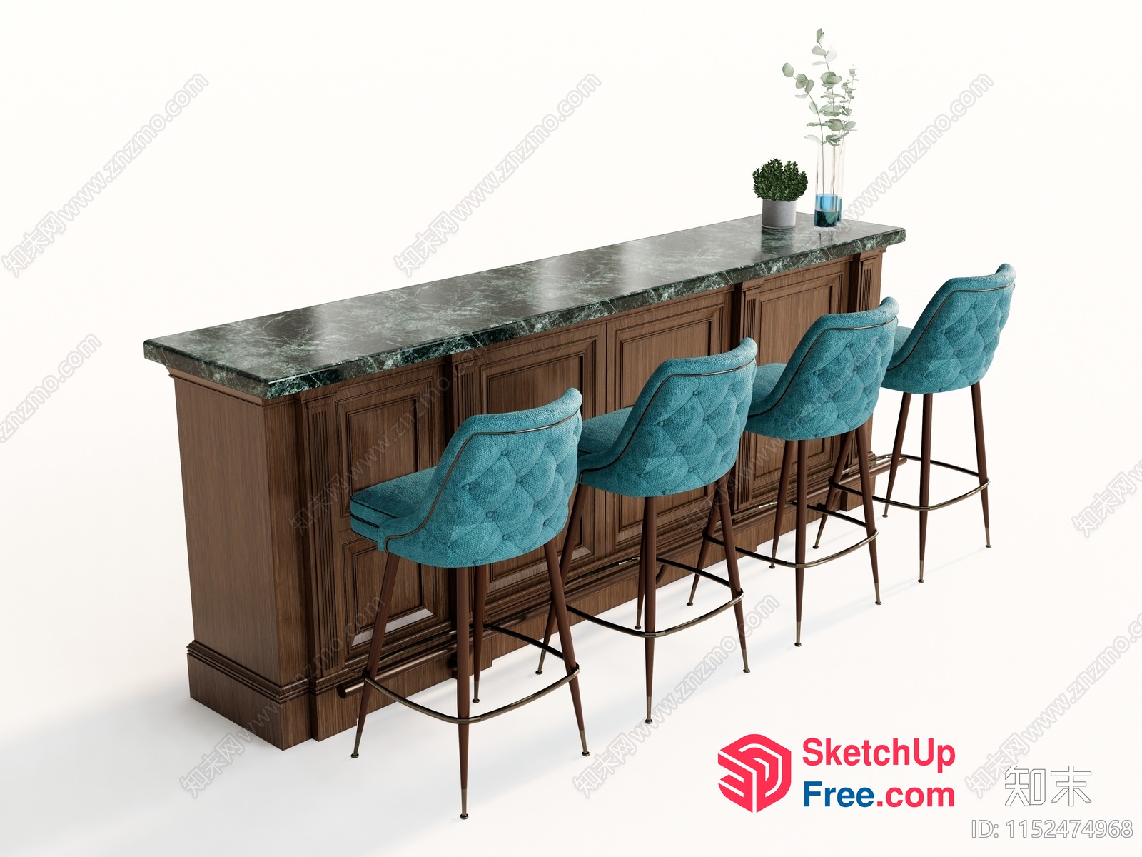 Bar Counter With Green Marble Top And Blue Stools 3D SketchUp File