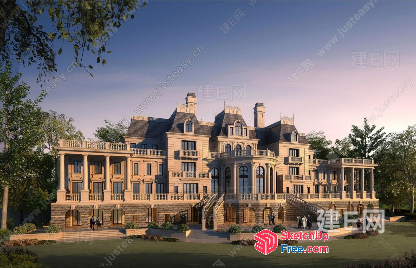 Elegant Mansion With Grand Staircase And Ornate Facade 3D SketchUp File