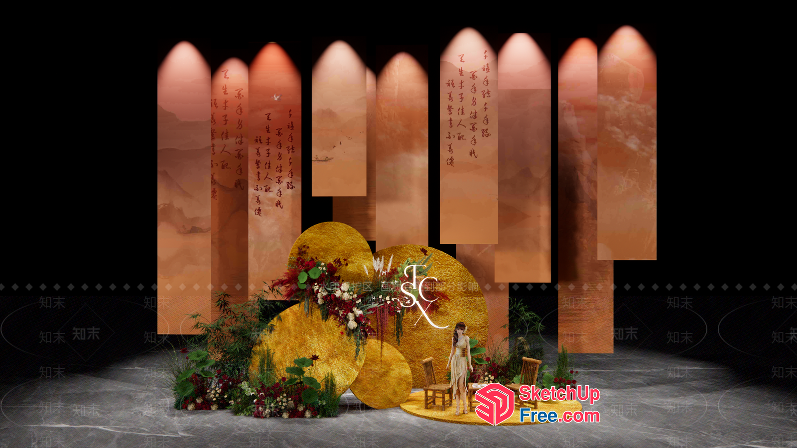 Elegant Asian-Inspired Decor With Floral Accents And Pillars 3D SketchUp File