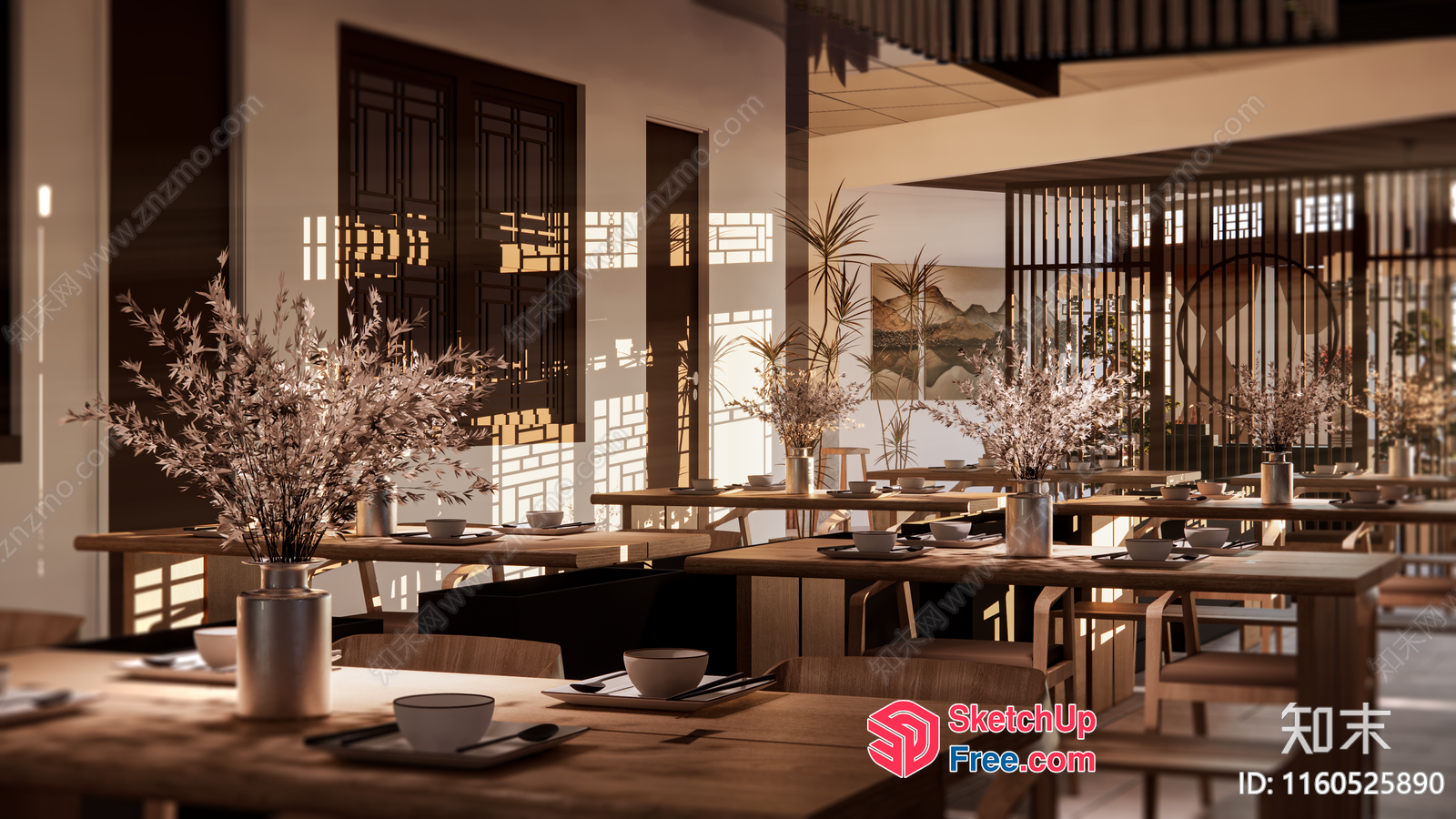 Elegant Japanese-Style Dining Room With Wooden Tables And Chairs 3D SketchUp File