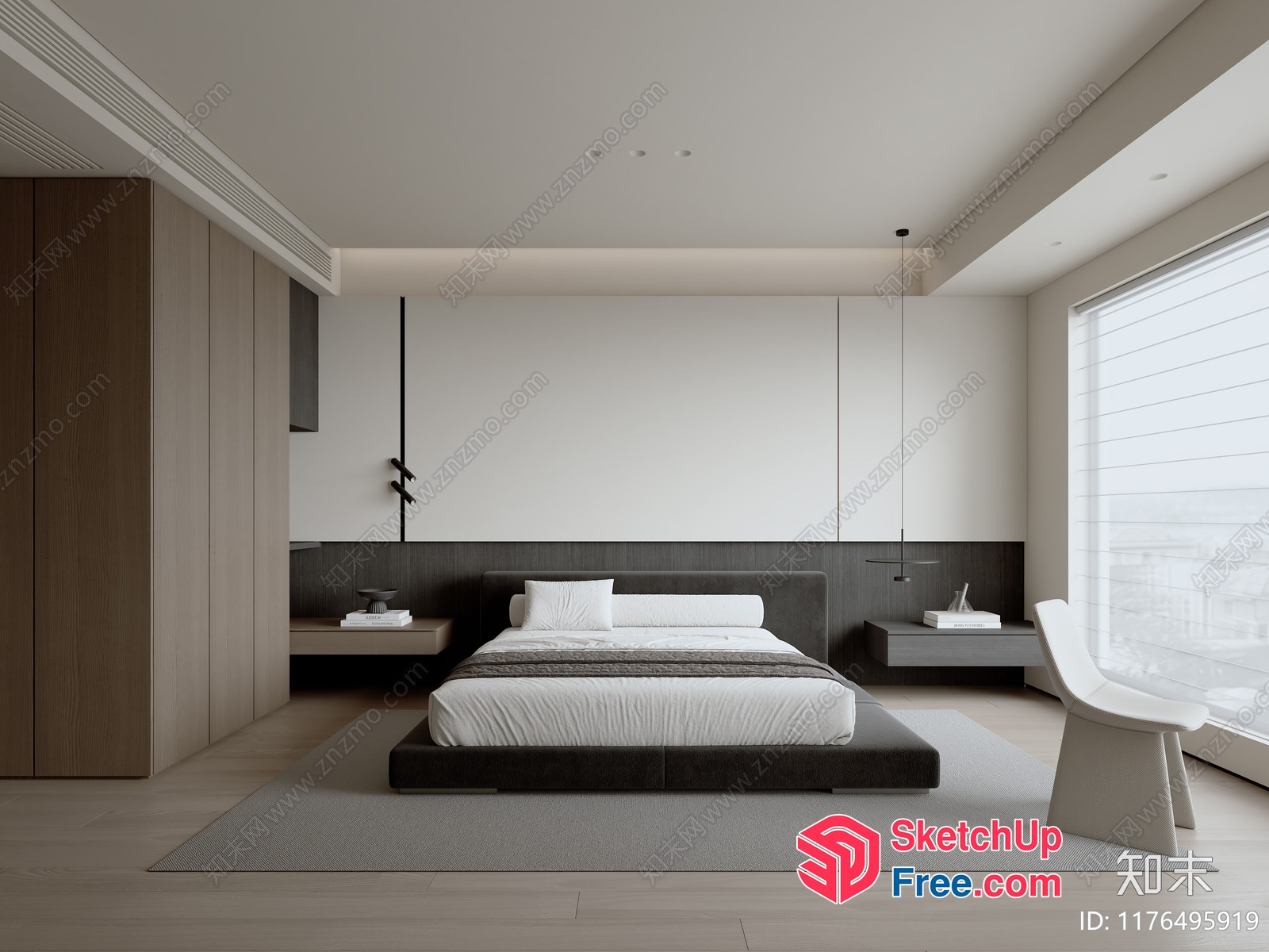 Modern Minimalist Bedroom With Large Bed And Window 3D SketchUp File