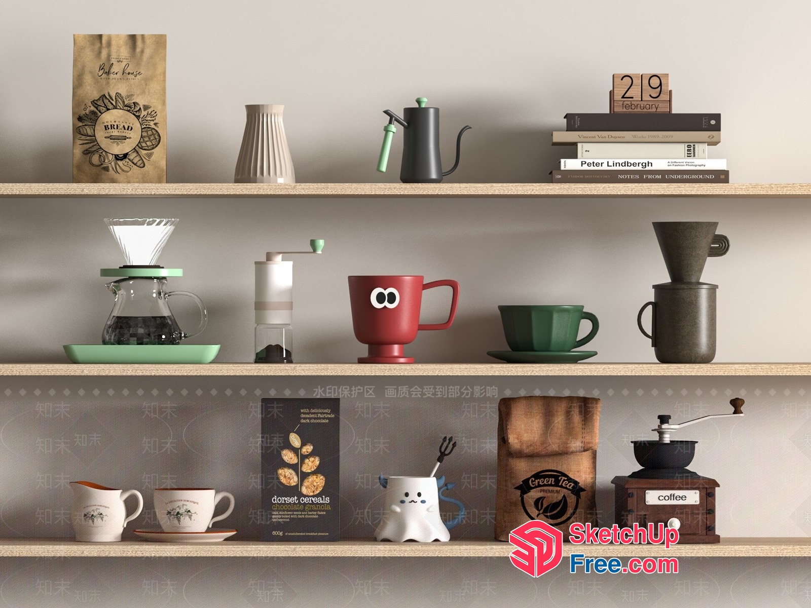 A Collection Of Coffee Makers And Accessories On Wooden Shelves 3D SketchUp File