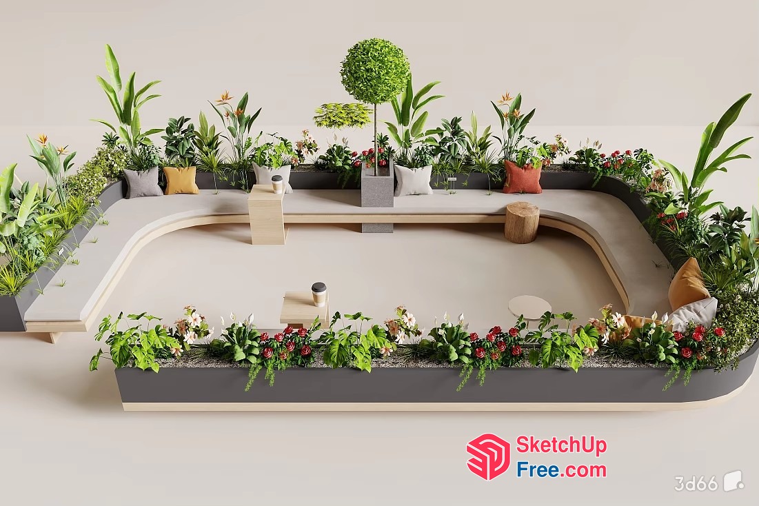 Curved Seating Area With Lush Greenery 3D SketchUp File