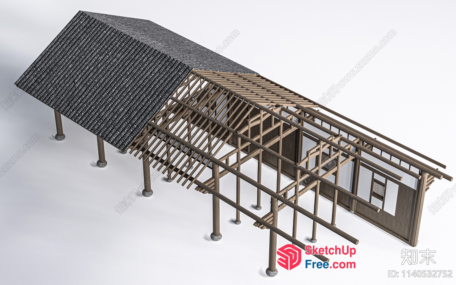 Asian-Inspired Building Structure With Ornate Roof 3D SketchUp File