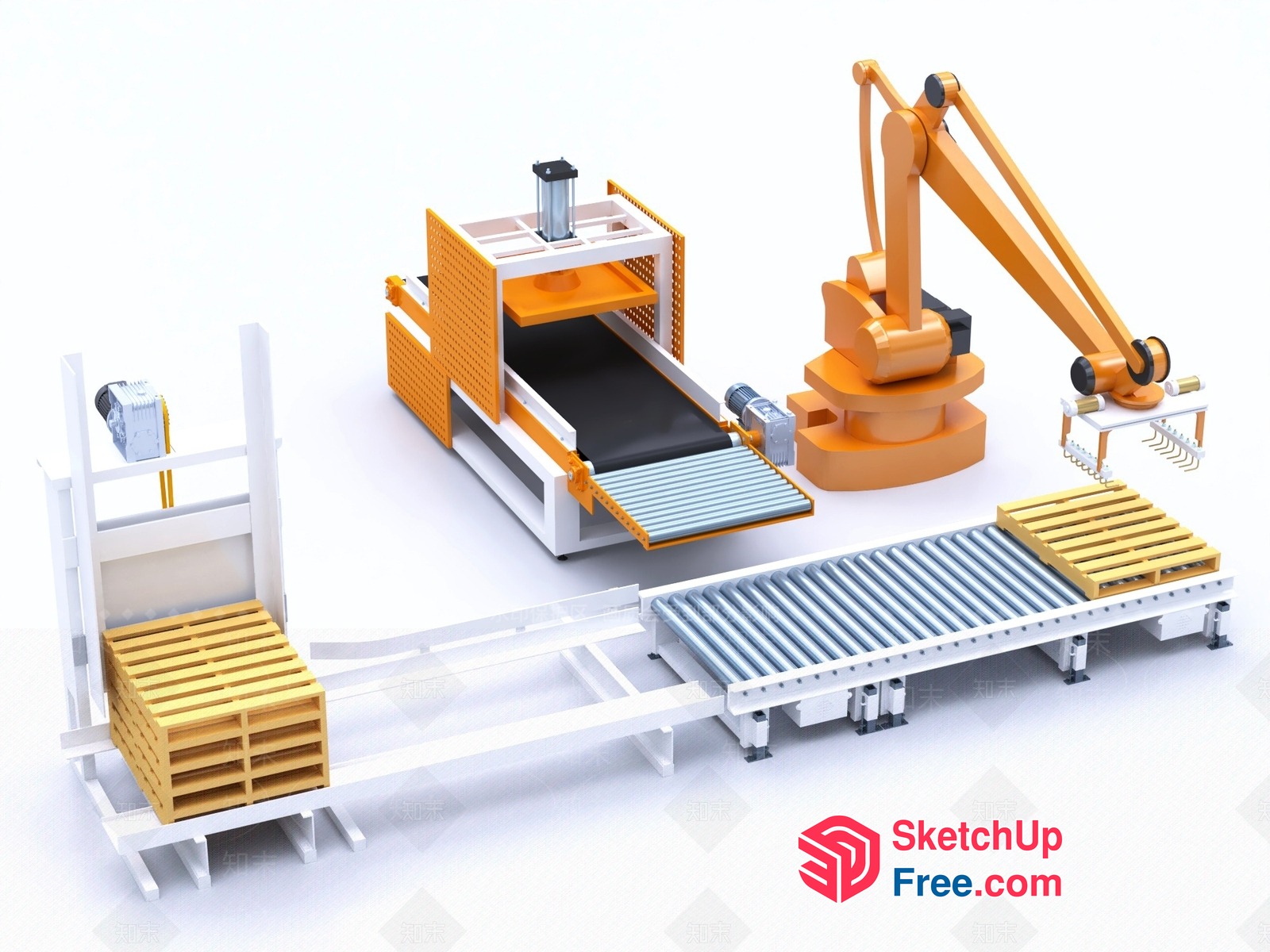 Industrial Warehouse Scene With Conveyor Belts And Pallets 3D SketchUp File