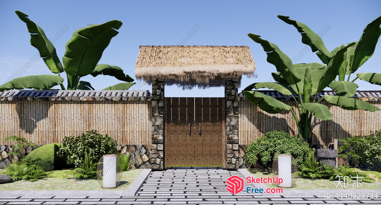 Tropical Thatched Roof Entrance With Stone Pillars 3D SketchUp File