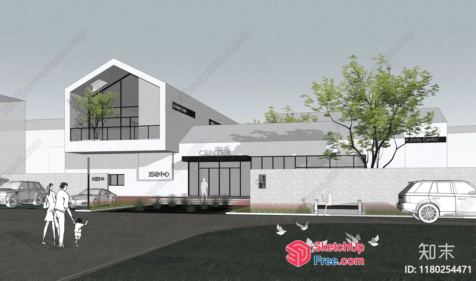 Modern White Building With Central Activity Center 3D SketchUp File