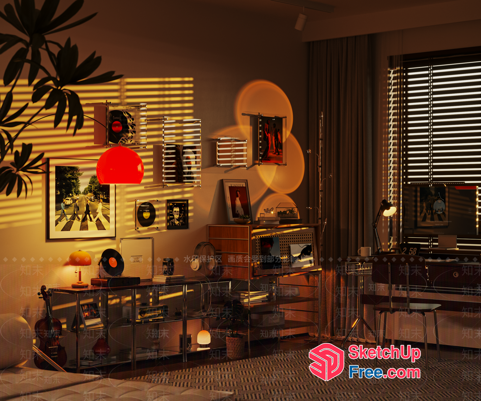 Warmly Lit Room With Vinyl Records And Art Decor 3D SketchUp File