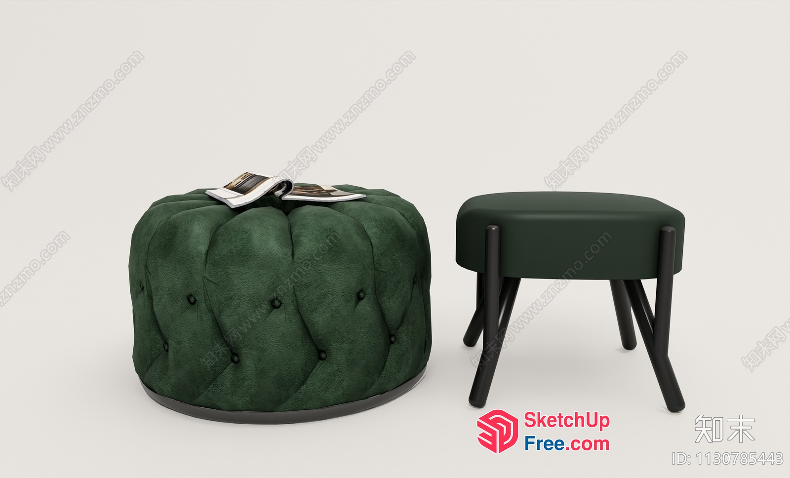 Green Velvet Tufted Ottoman And Stool 3D SketchUp File