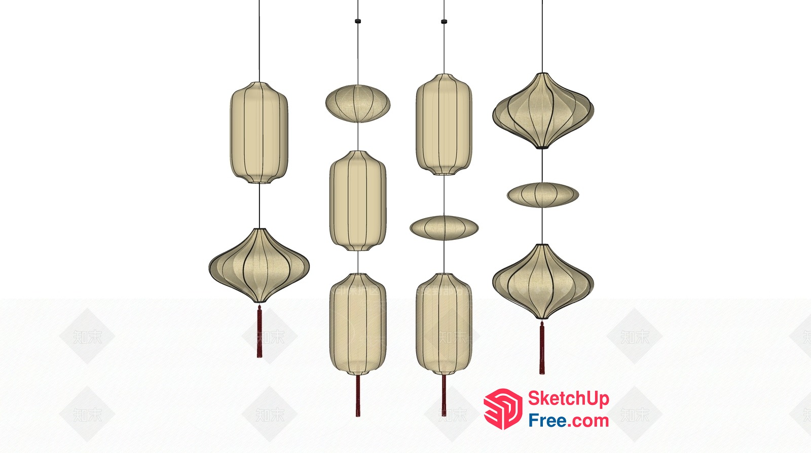 Asian-Inspired Lanterns Arranged Vertically 3D SketchUp File