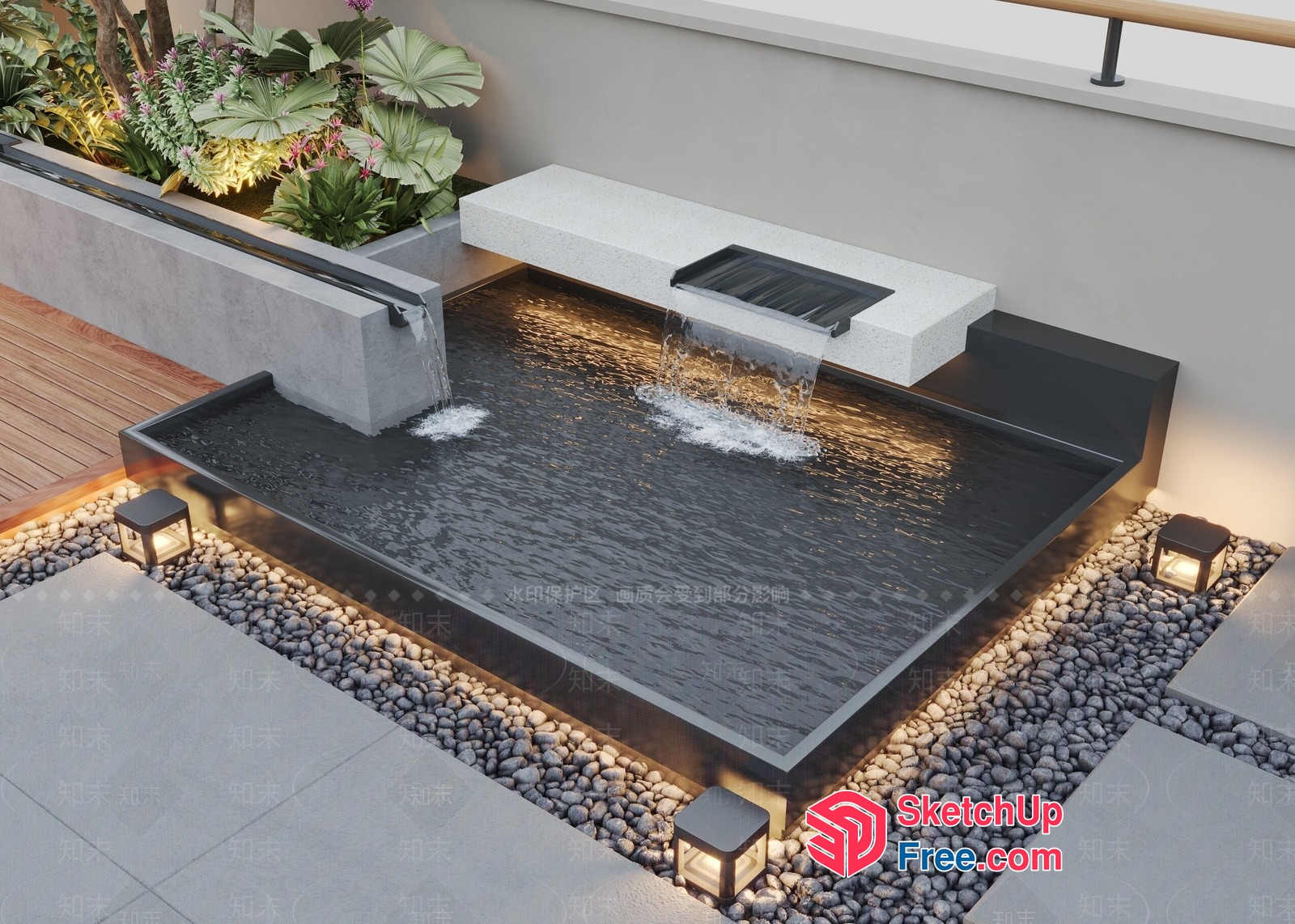 Modern Water Feature And Waterfall In A Serene Courtyard Setting 3D SketchUp File