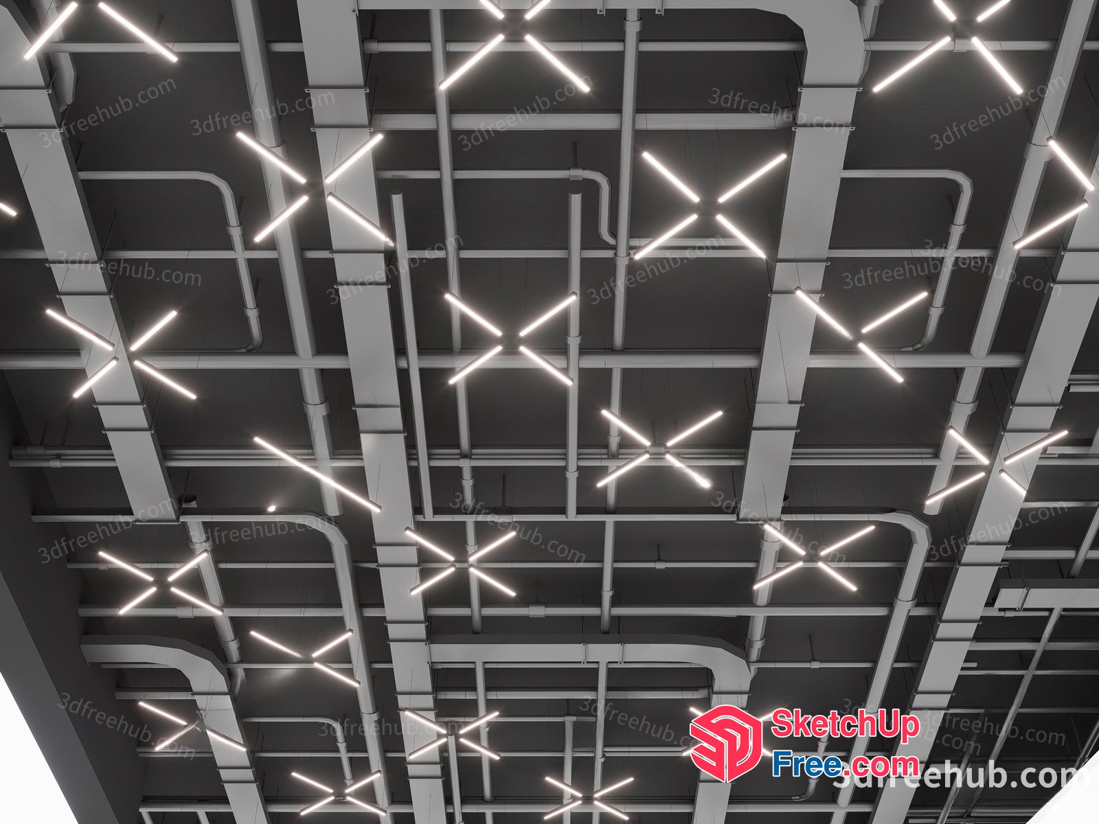 White Cross-Shaped Lighting On Industrial Ceiling 3D SketchUp File