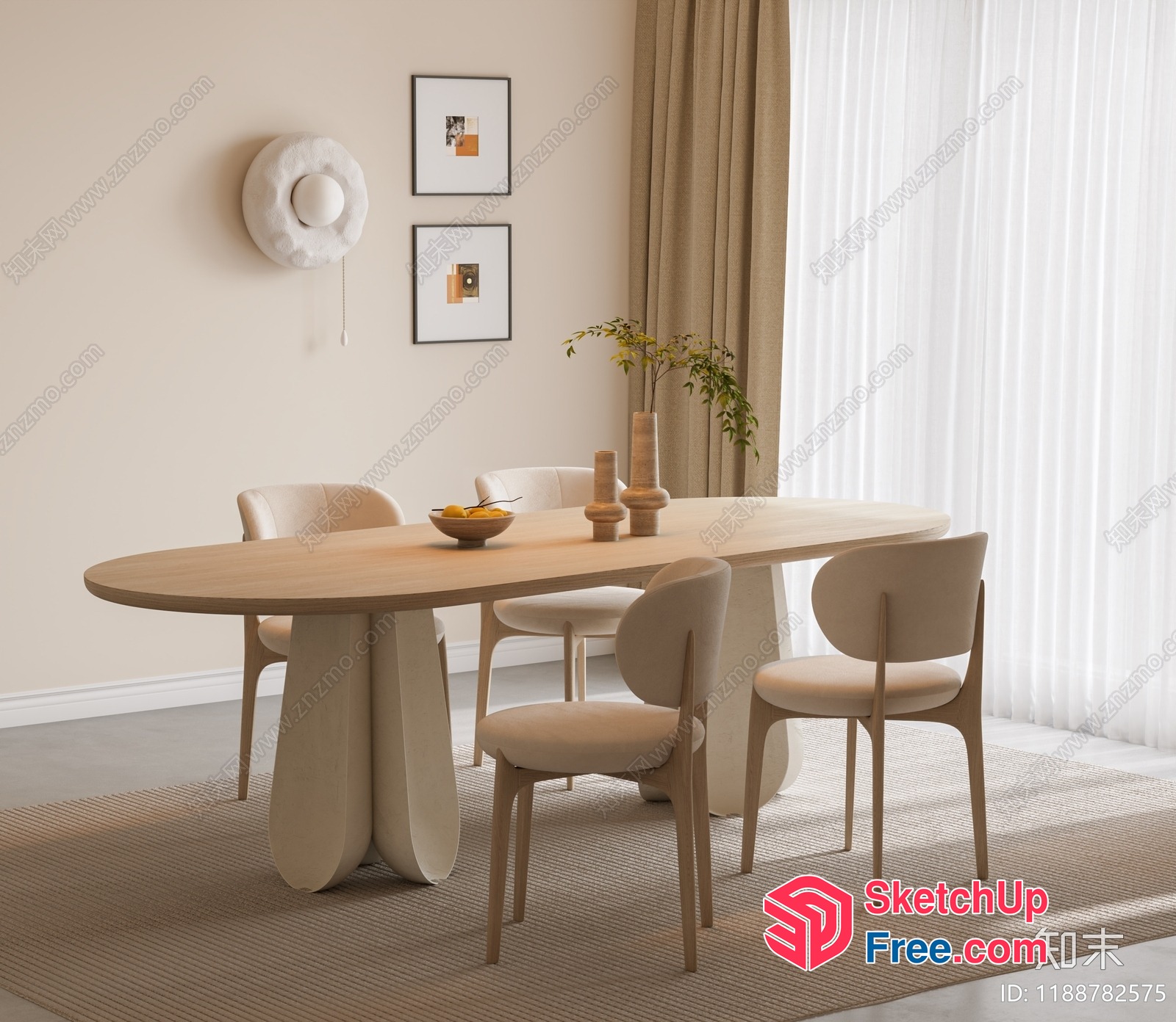 Elegant Creamy Style Dining Room With Light Wood Table And Chairs 3D SketchUp File