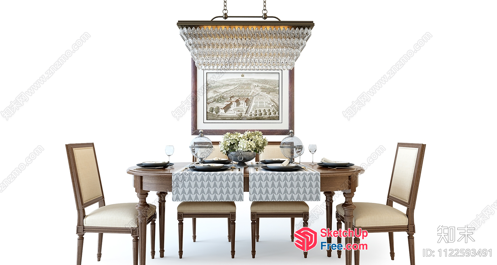 Elegant Dining Room With Wooden Table And Chairs 3D SketchUp File
