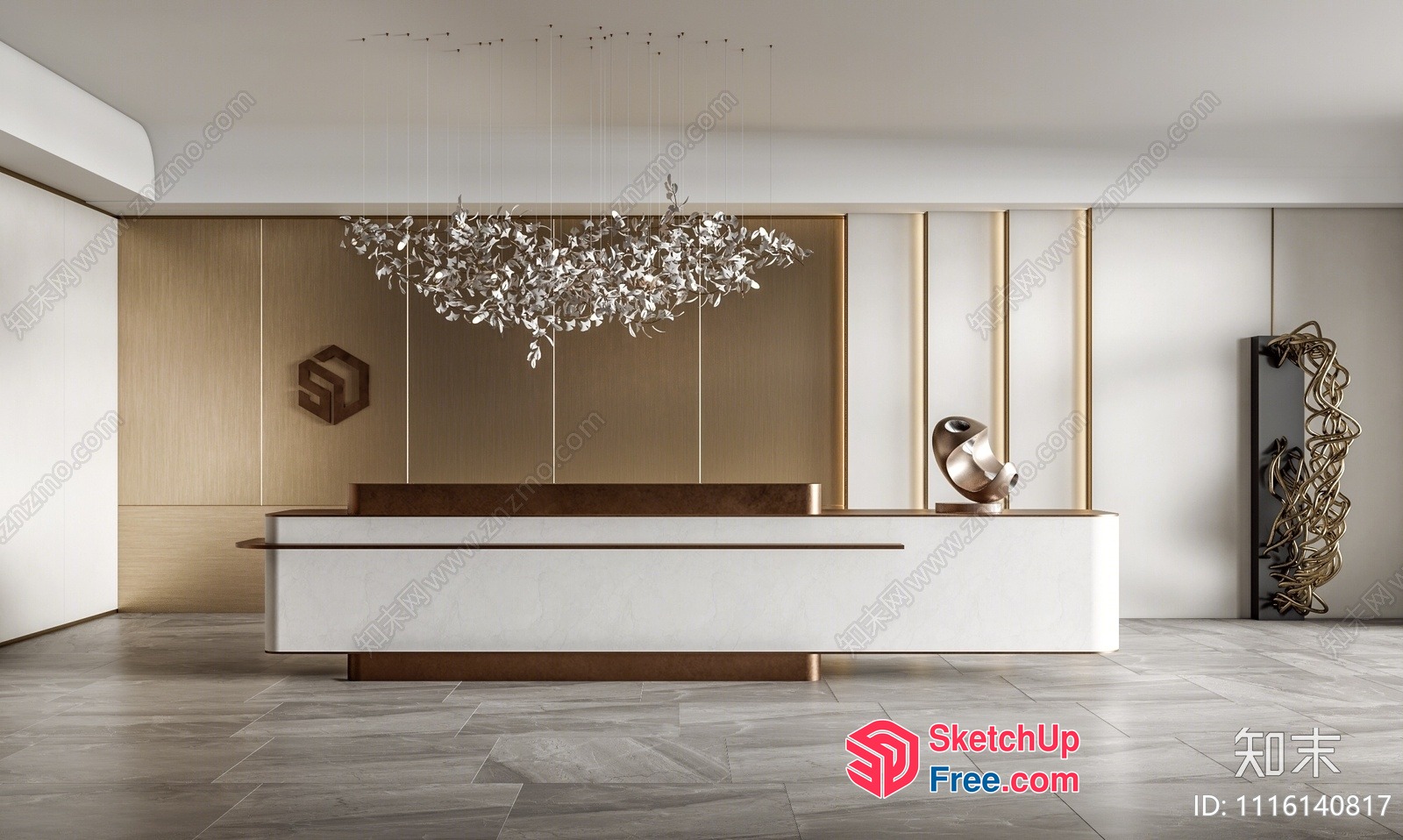 Modern Office Reception Desk With Elegant Chandelier 3D SketchUp File