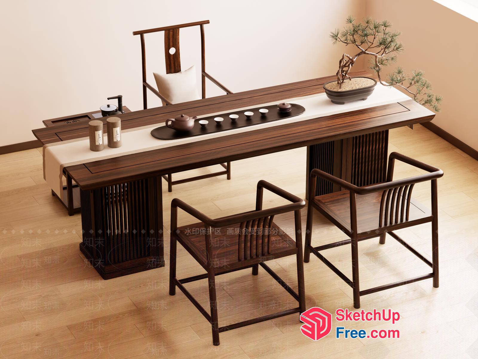 Asian-Inspired Tea Table And Chairs 3D SketchUp File
