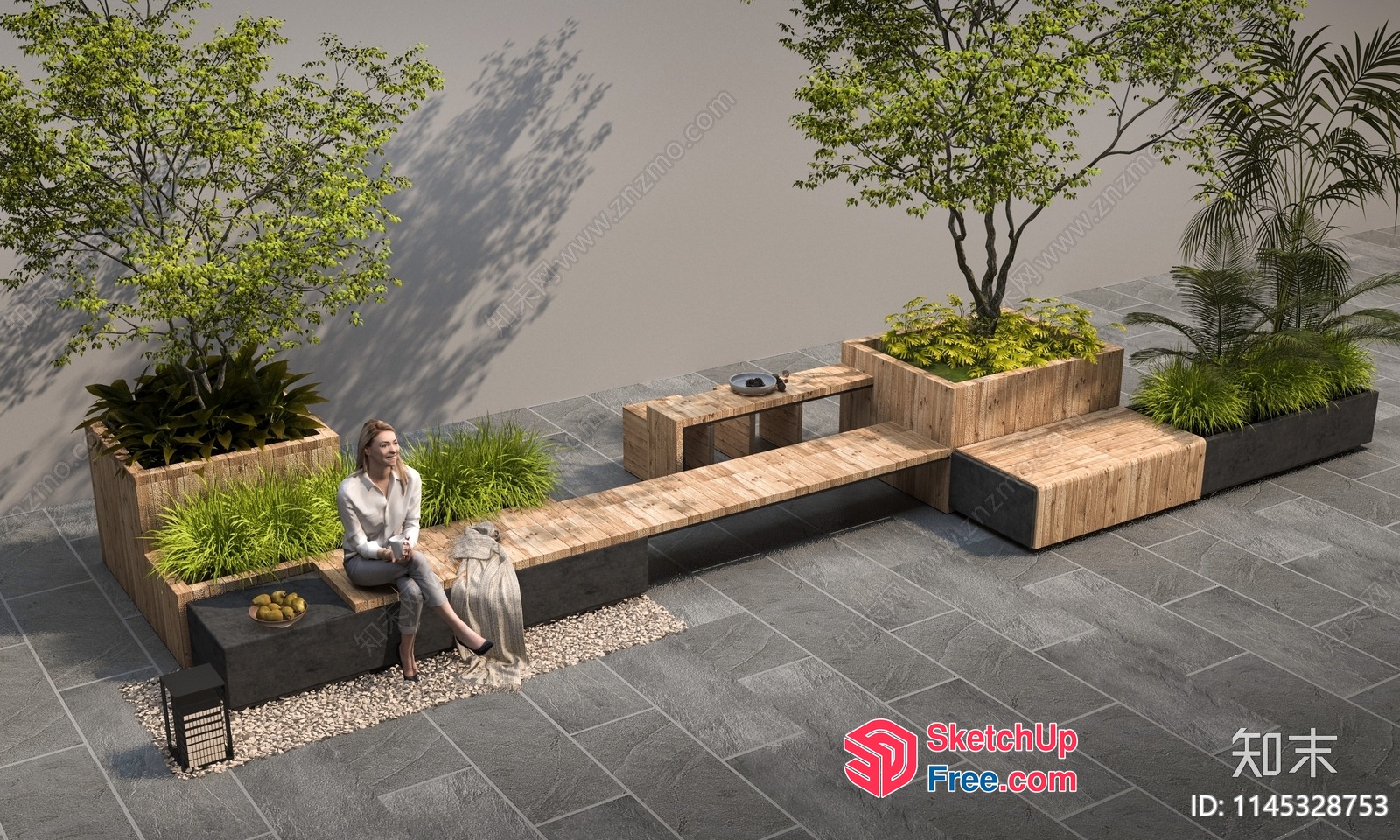 Serene Outdoor Oasis With Wooden Furniture And Greenery 3D SketchUp File