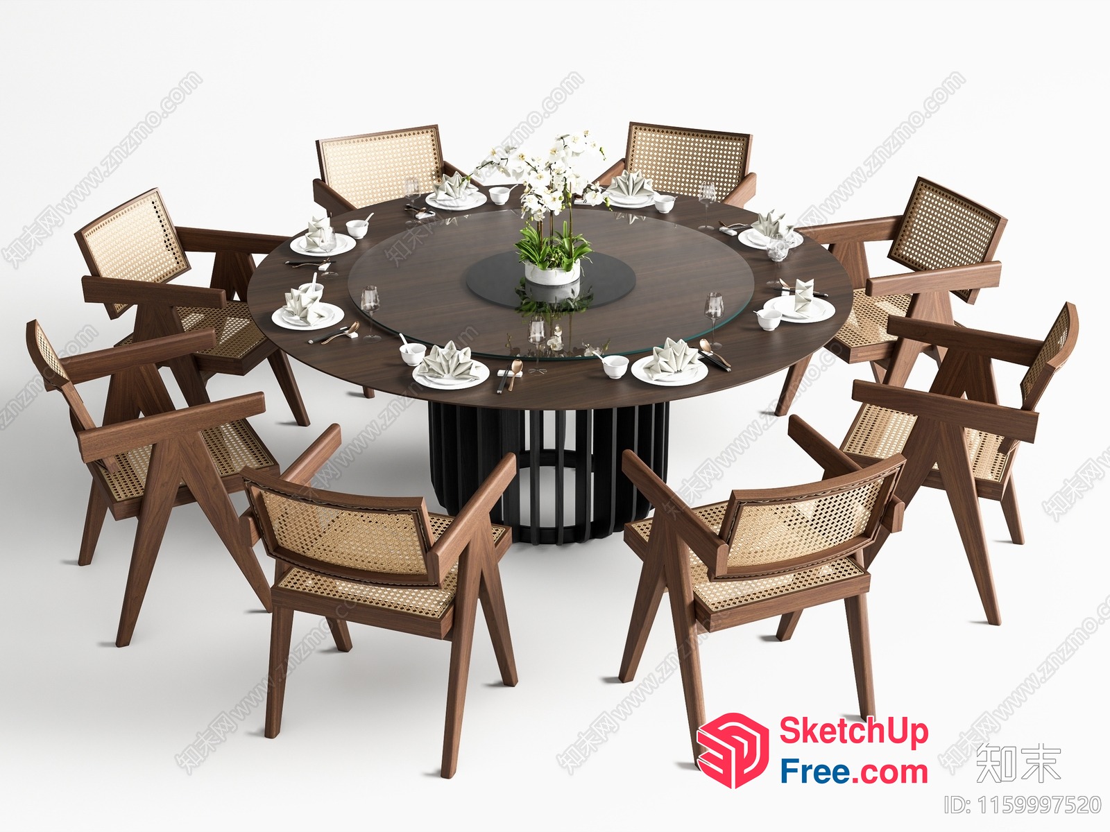 Round Dining Table With Rattan Chairs And Ornate Centerpiece 3D SketchUp File