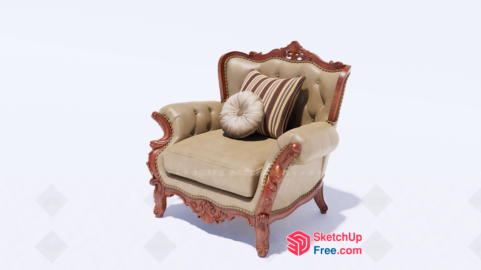 Ornate Carved Wooden Armchair With Cream Upholstery 3D SketchUp File
