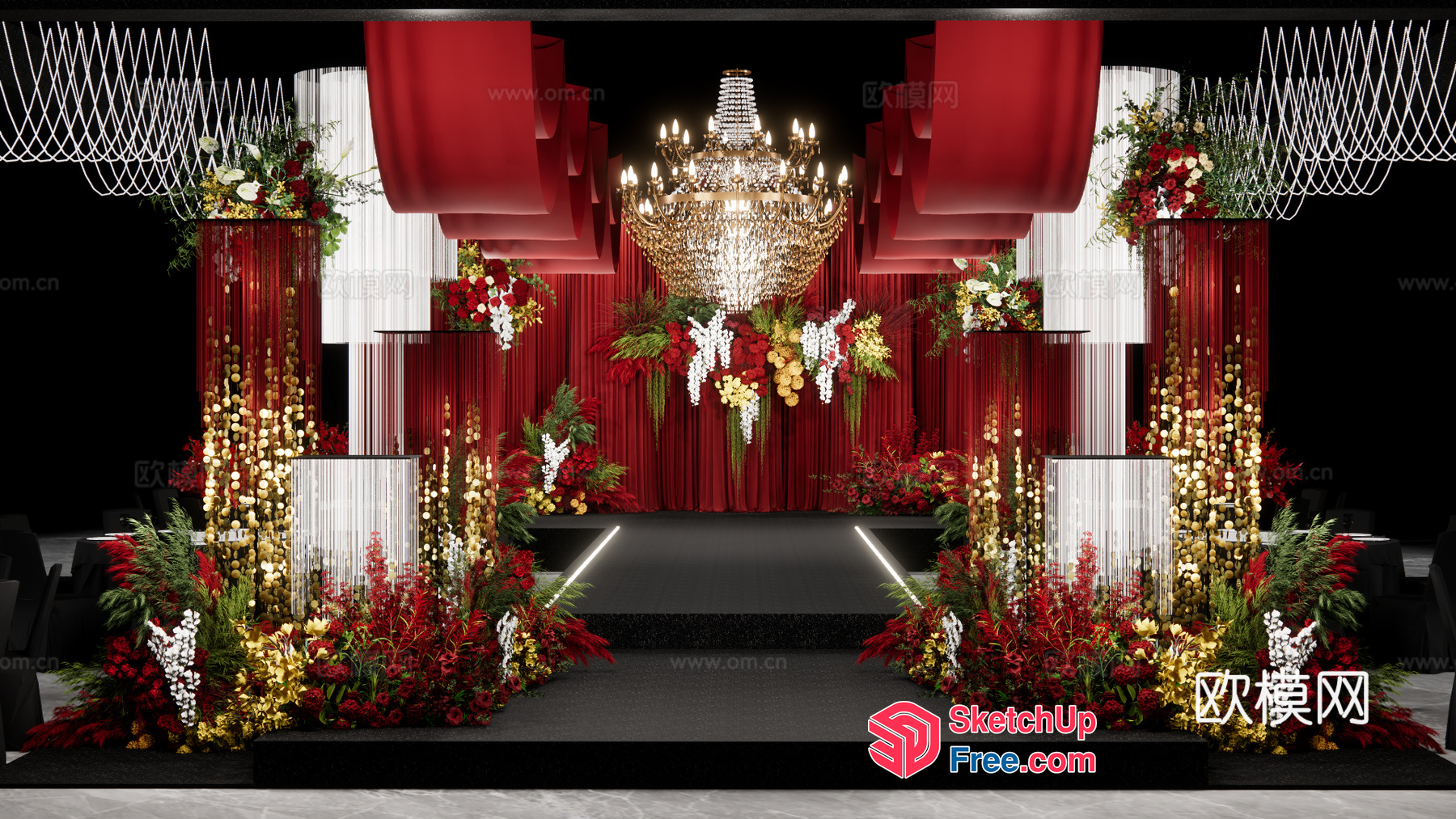 Elegant Stage Decor With Red And Gold Accents 3D SketchUp File
