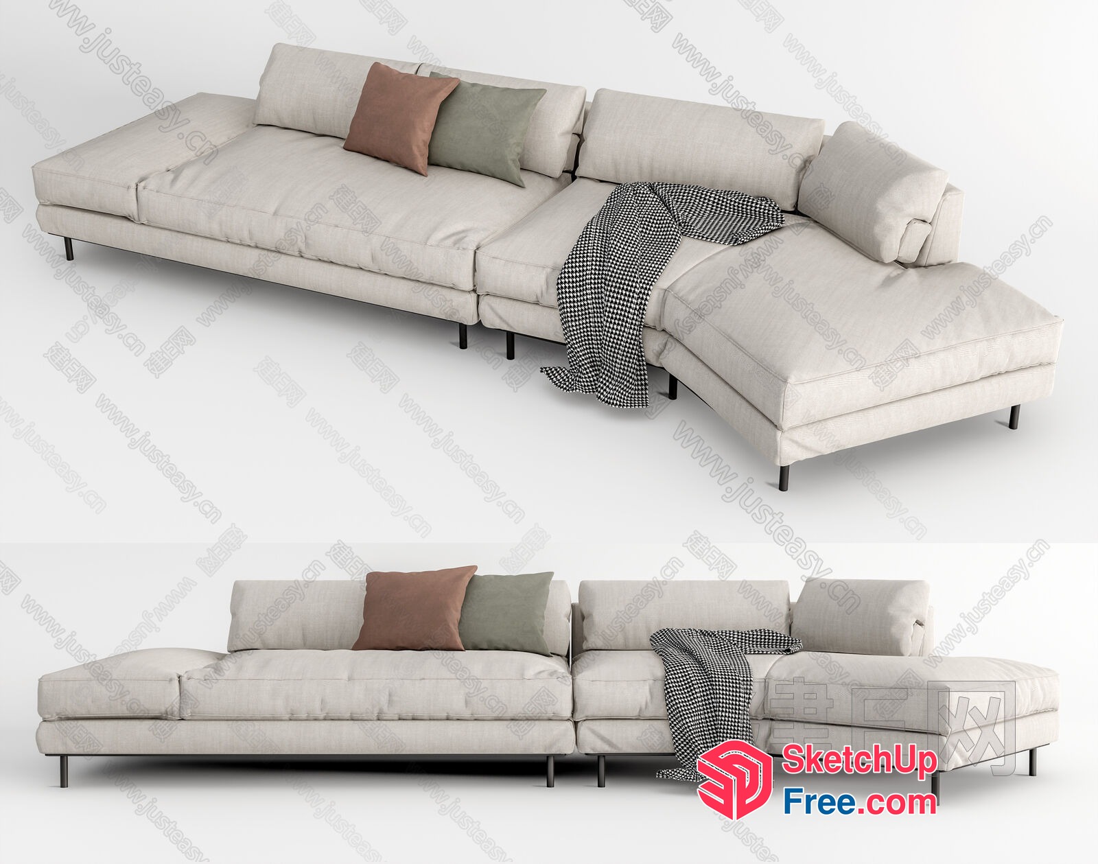 Modern L-Shaped Sofa With Pillows And Blanket 3D SketchUp File