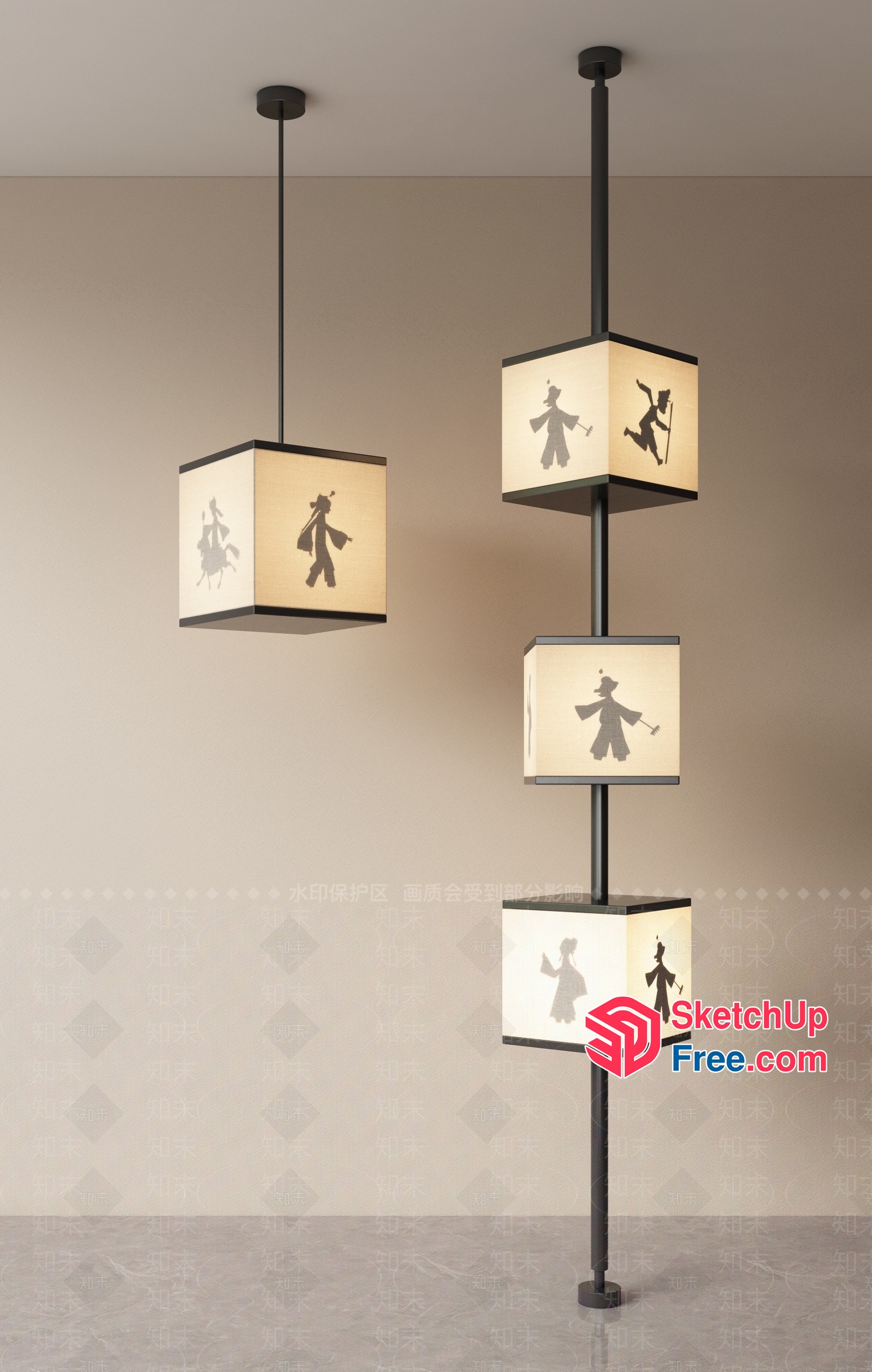 Hanging Japanese-Style Lanterns With Silhouettes 3D SketchUp File