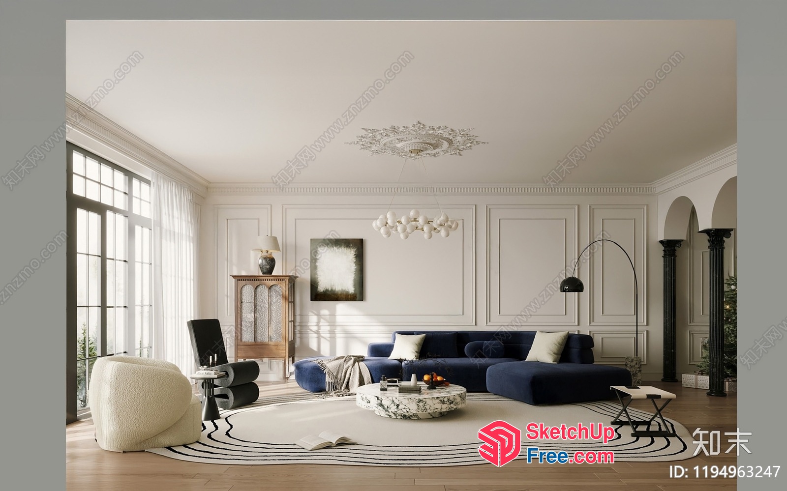 Elegant European-Style Living Room With Creamy Furniture And White Decor 3D SketchUp File