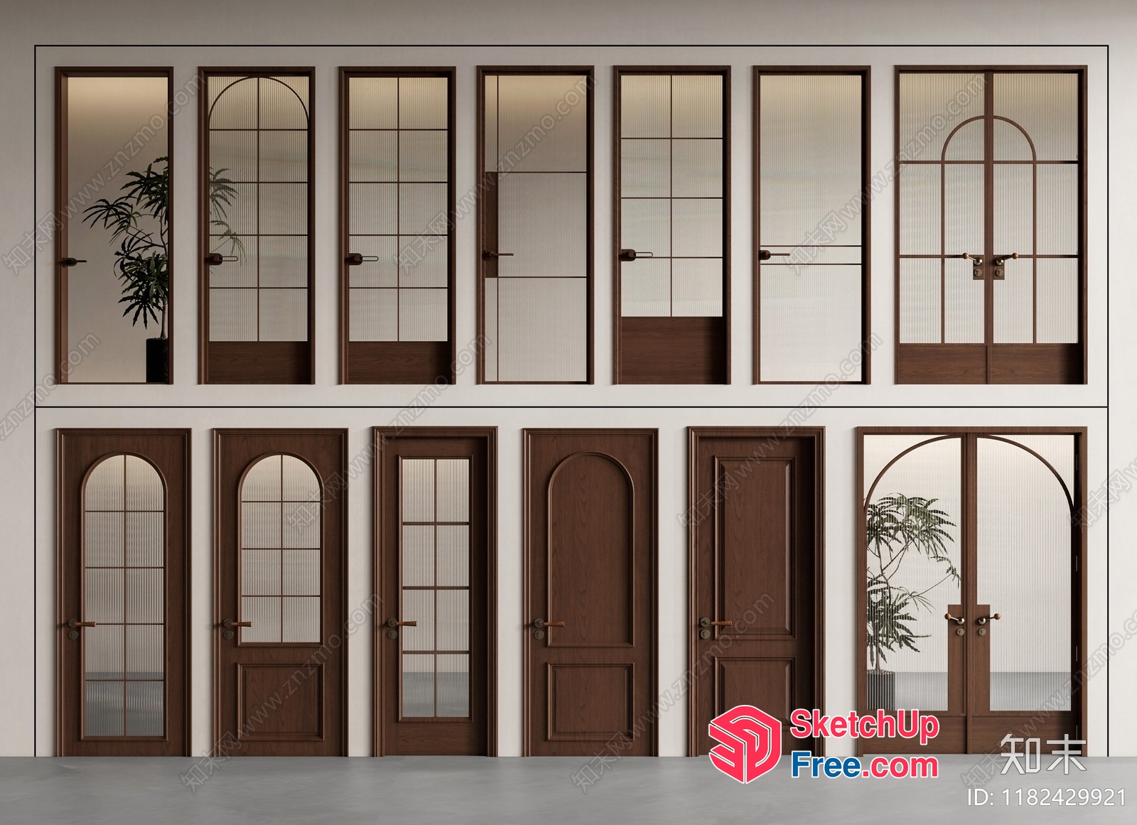 Modern Brown Doors With Glass And Arches 3D SketchUp File