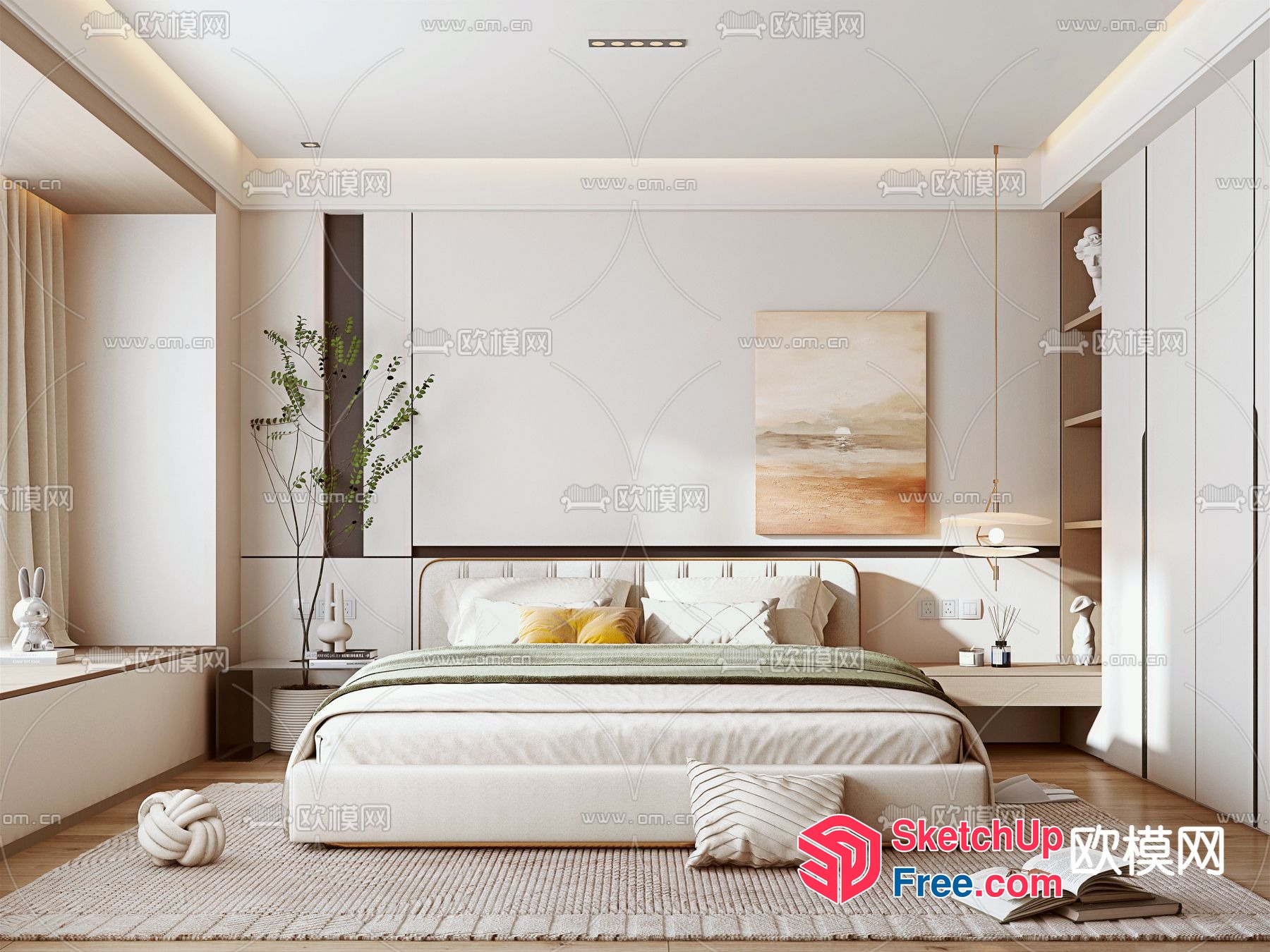 Modern Minimalist Bedroom With Natural Wood Accents 3D SketchUp File