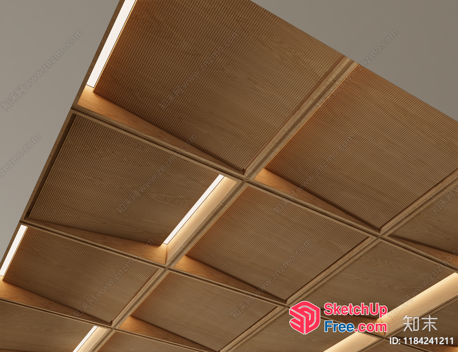 Wooden Panelled Ceiling With Light Strips 3D SketchUp File