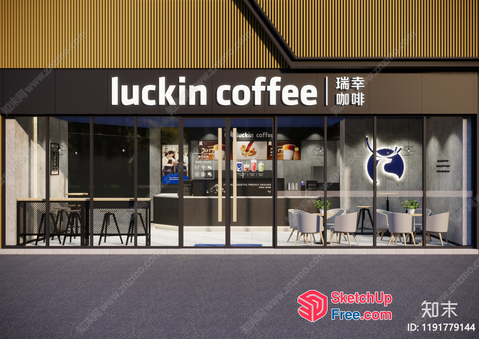 Modern Coffee Shop With Glass Walls And White Furniture 3D SketchUp File