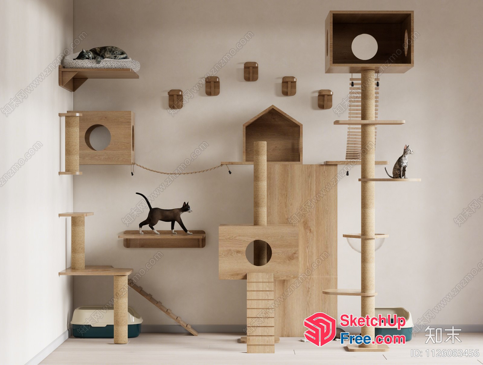 Modern Cat Playground With Unique Wooden Structures 3D SketchUp File