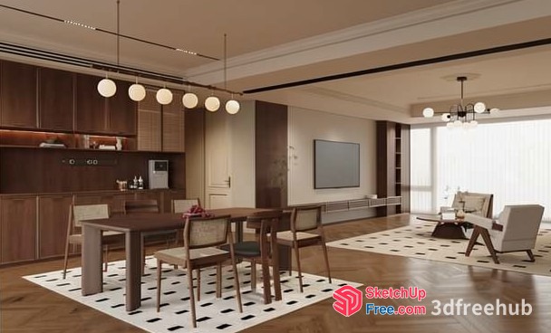 Modern Dining Room With Wooden Furniture And Polka Dot Rug 3D SketchUp File
