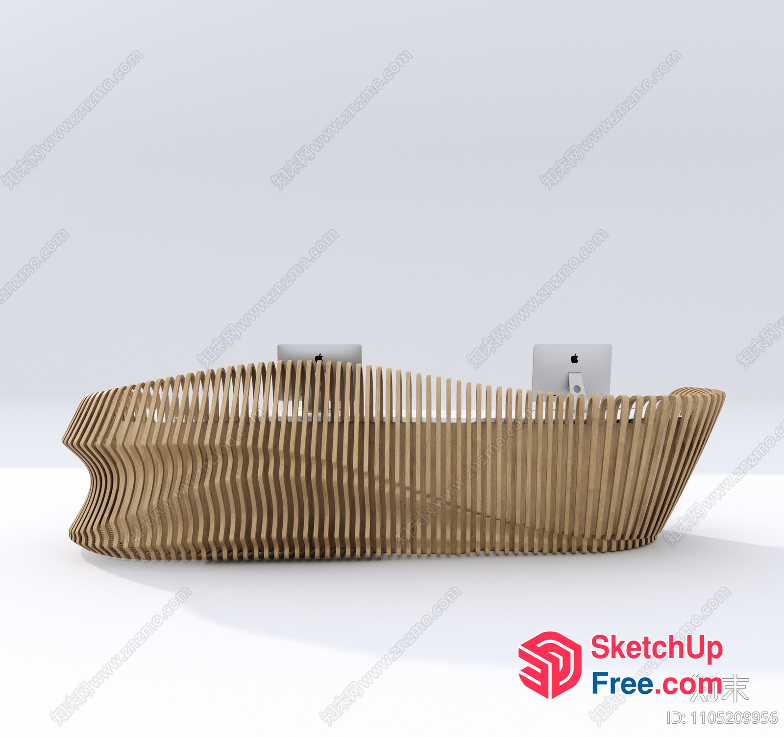 Curved Wooden Desk With Two Computer Monitors 3D SketchUp File