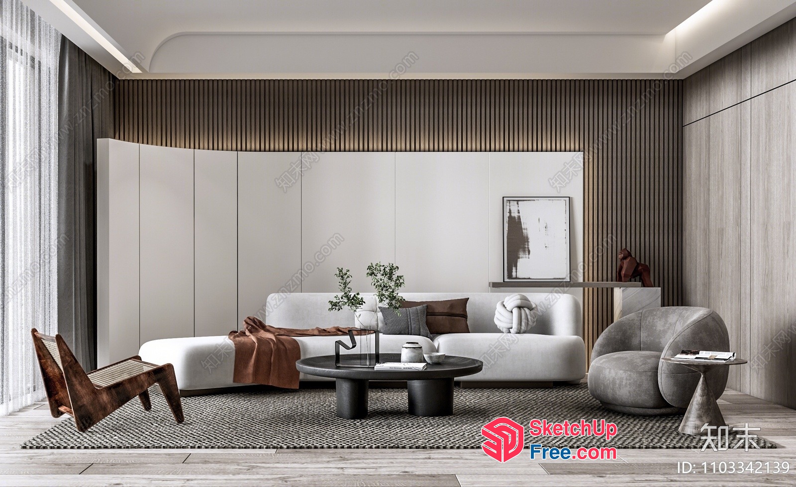Minimalist Japanese Style Living Room With White Sofa And Coffee Table 3D SketchUp File