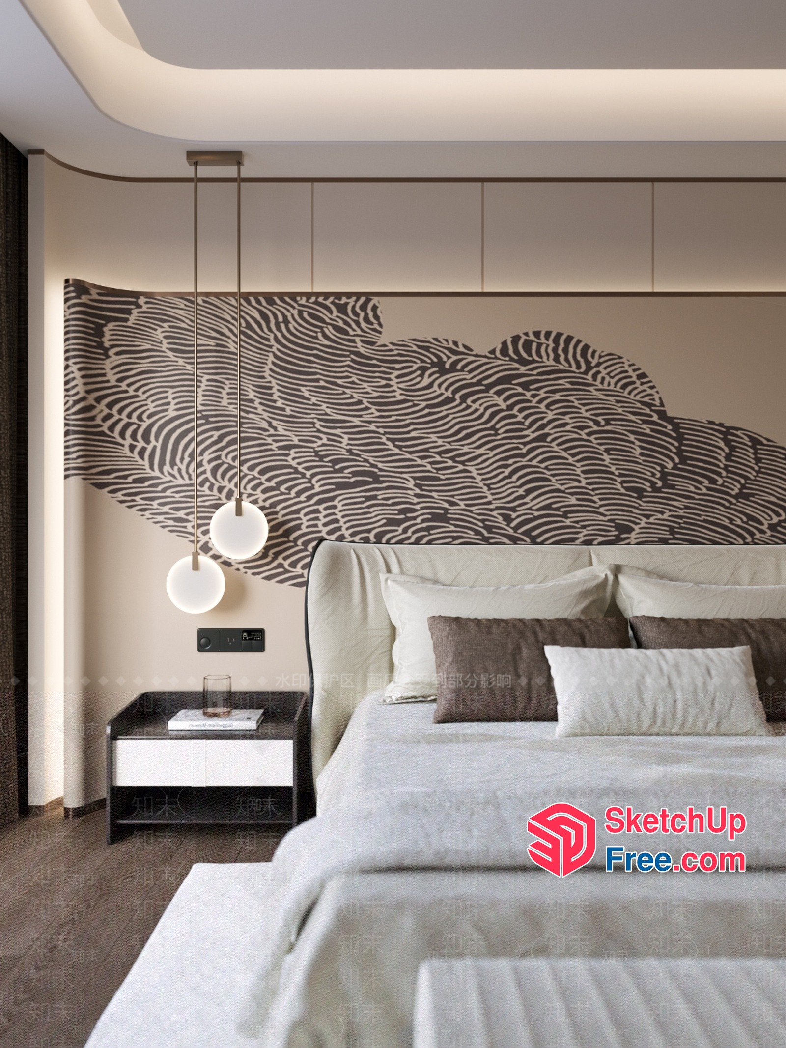 Modern Minimalist Bedroom With Hanging Light Fixtures And Artwork 3D SketchUp File