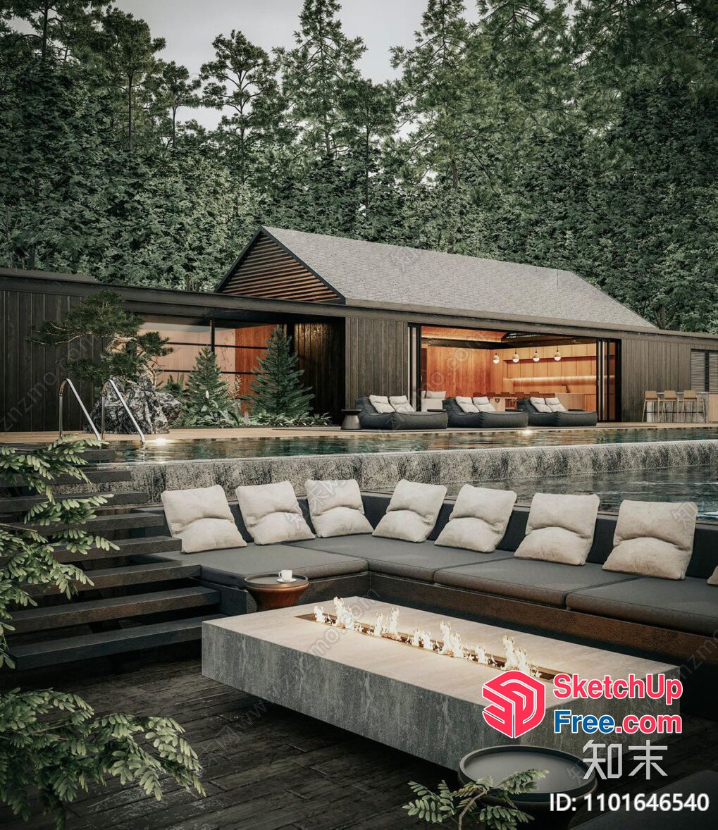 Outdoor Seating Area With Fire Pit And Water Feature 3D SketchUp File